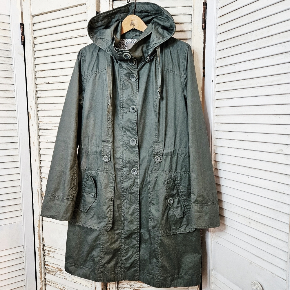 Sandwich Cinch Waist 100% Cotton Coat With Removable Hood Olive Green S/M